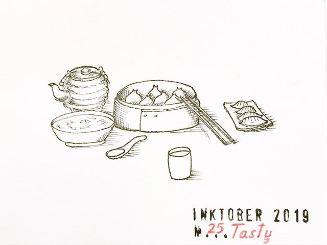 Very simple drawing in sepia ink of a tea pot, a bowl and spoon, dim sum and chopsticks, a plate of gyoza and a small cup.