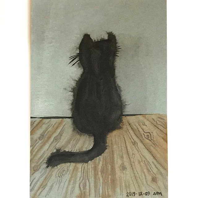 Watercolour of a black kitten sitting on hardwood floor from behind