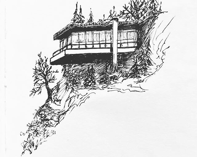 Black ink drawing of a futuristic looking house attached to a steep hill and surrounded by a few trees and vegetation.