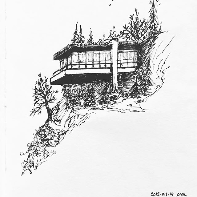 Black ink drawing of a futuristic looking house attached to a steep hill and surrounded by a few trees and vegetation.