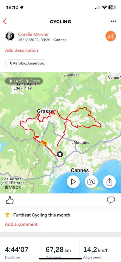 Screenshot of my furthest cycling activity: 67 km around Sophia Antipolis, Grasse, Auribeau.