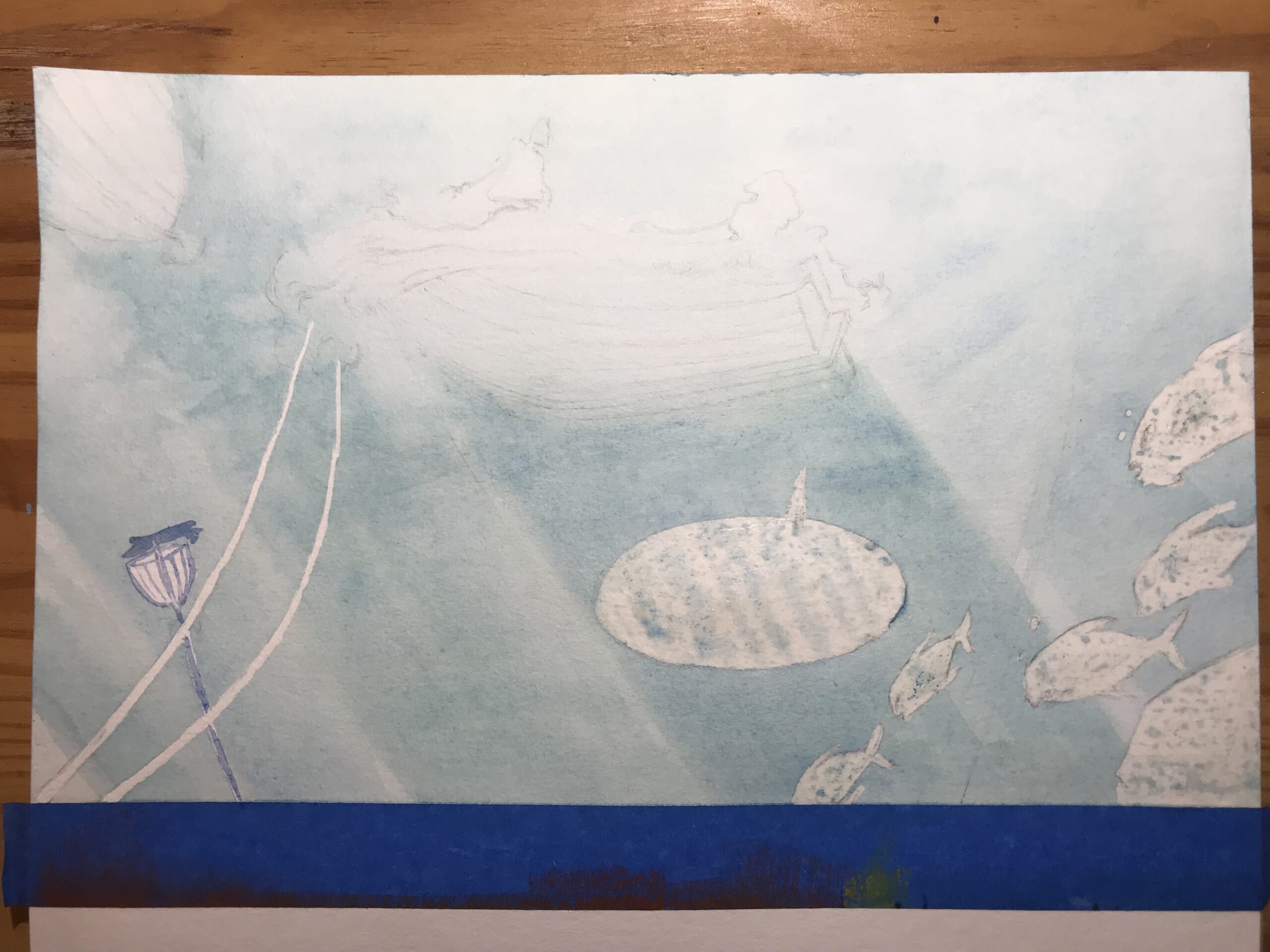 Several layers of blue wash to render the light underwater