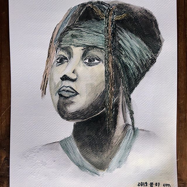 Highly contrasted painting of the face of a black woman on cheap watercolour paper. The colours are browns, greens, blues and greys.