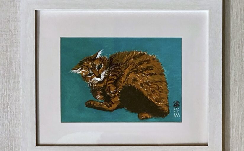 Curled up siberian cat gouache painted framed in white wood