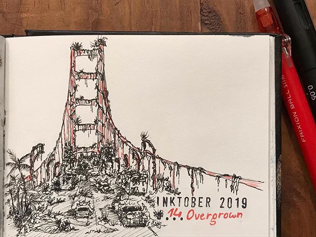 Black and red ballpoint pen drawing of overgrown vegetation covering abandoned vehicles and the San Francisco golden gate bridge.