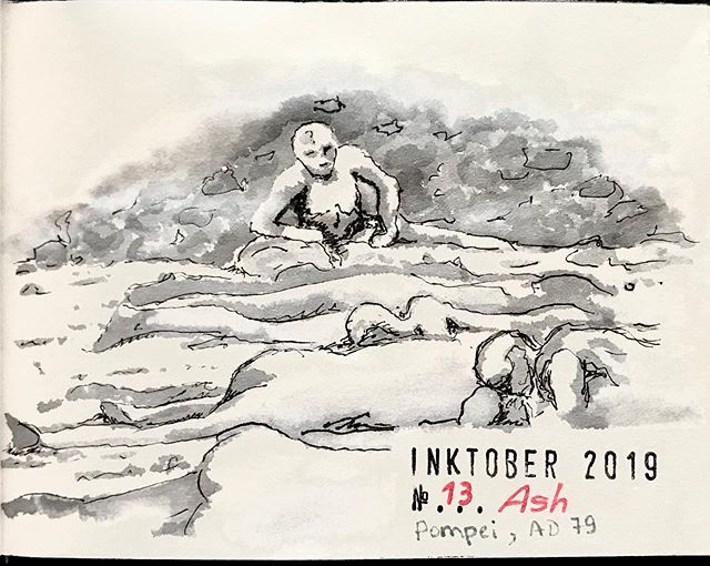 Black and grey drawing of bodies and rubble. A man at the back props himself up on his arms.