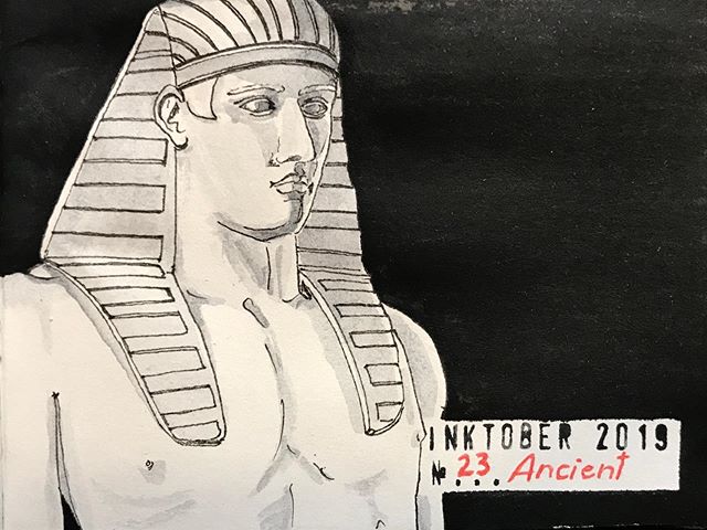 Black and grey drawing of an Egyptian marble statue against a black backdrop.