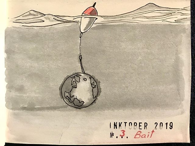 Black and grey ink drawing of the earth as bait attached to a fishing bob floating in the water.