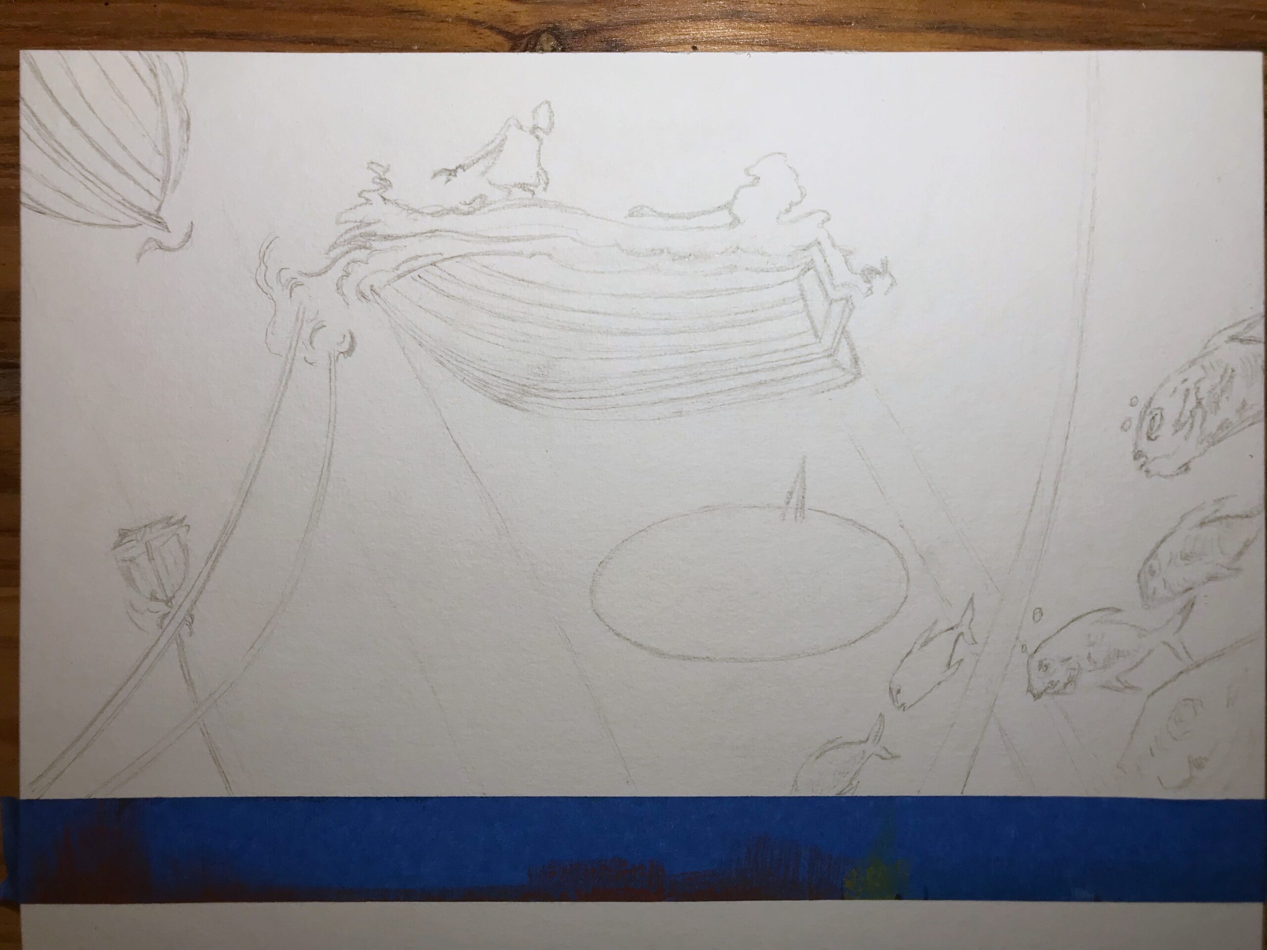 Pencil sketch: three hulls and moorings seen from below, rough silhouettes of two people in one of the boats and the placeholder for a speech bubble underneath, a few fish of various sizes on the side