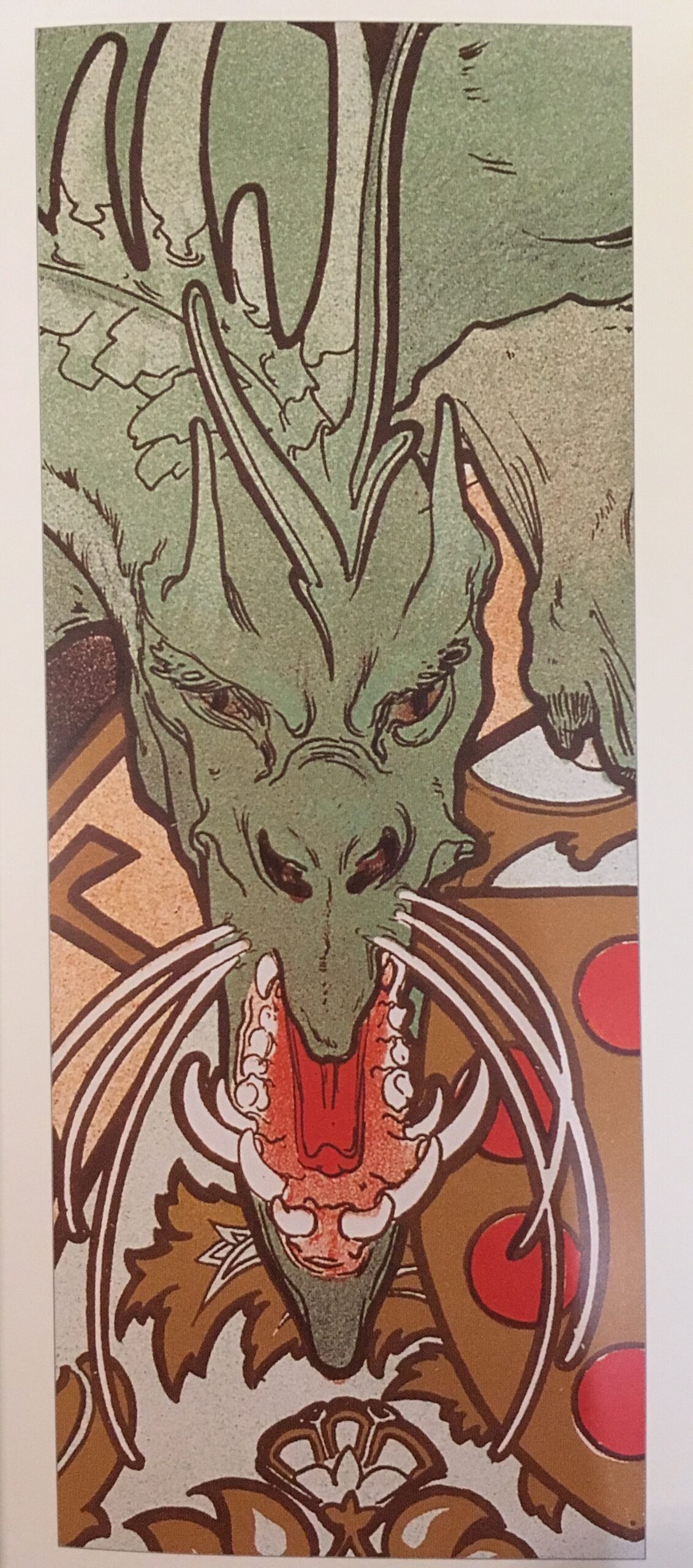 Tall narrow rectangle filled with a green dragon that adorns an Alfons Mucha poster of 1896 for the Lorenzaccio play. The dragon has its mouth open and is surrounded by geometric motifs.