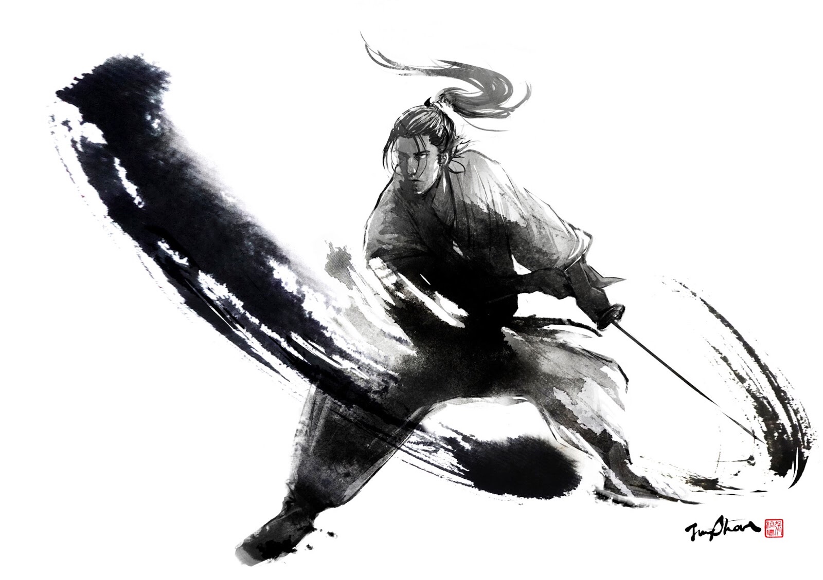 Reference artwork in black and white: a focused-looking warrior with a long flying ponytail, feet wide apart, wields a sword. There are movement strokes. 