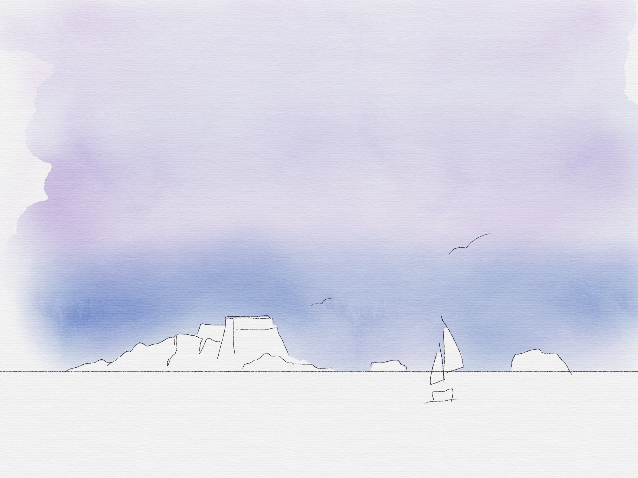 Rough outline of lines and shapes. The sky is painted blue and purple in watercolour.