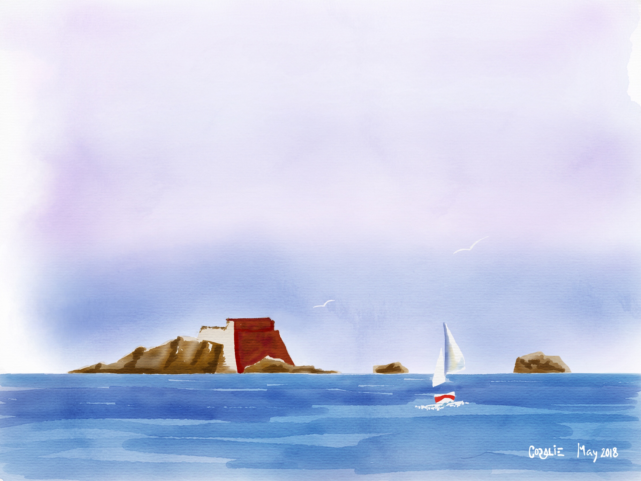 I painted the fort red, darkened the rocks, erased paint where the seagulls were, added a red stripe to the sailboat and white foam around it, removed the layer that had the sketch I applied my signature and date at the bottom right.