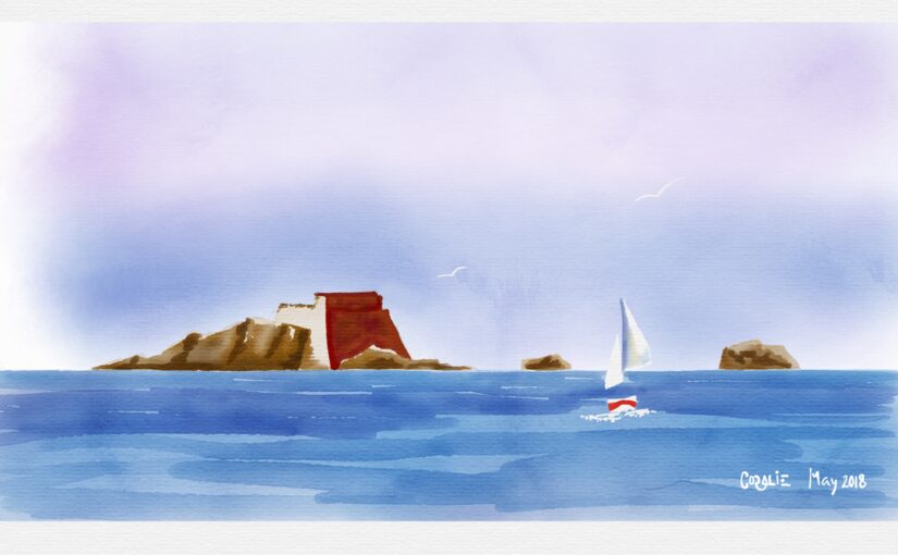 iPad watercolor: sailboat and island