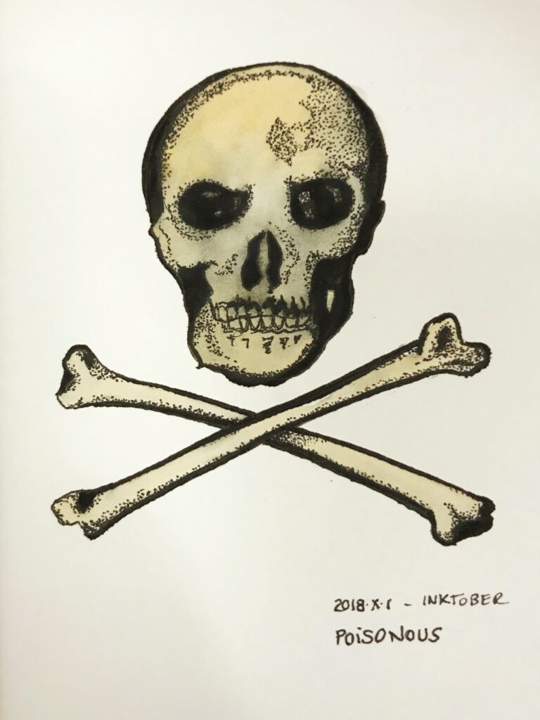 Black ink drawing of skull and crossed bones painted pale yellow