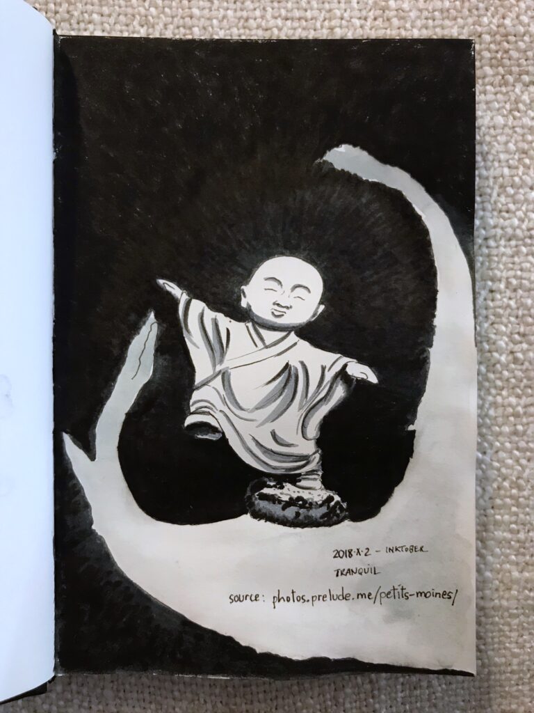 Black ink drawing of a monk figuring balanced on a branch