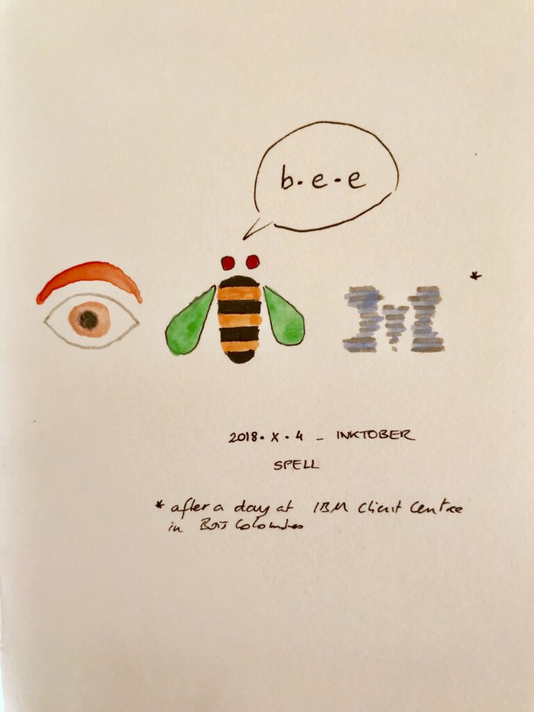 Black ink pen drawings of an eye, a bee with speech bubble 'b.e.e.', and the letter M from the IBM logo