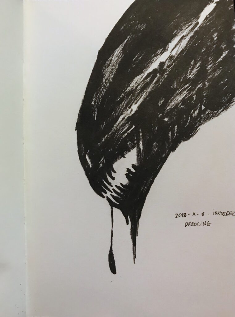 Black ink drawing of the open and dripping mouth of the creature from Alien