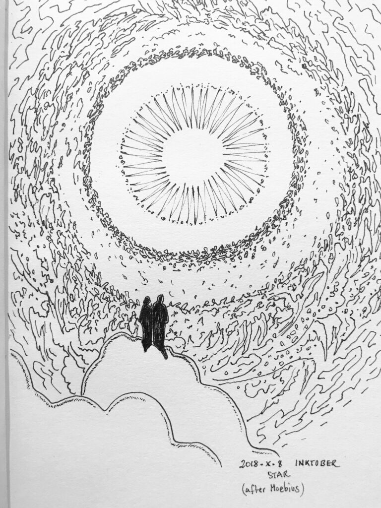 Black ink drawing of two black figures standing on white clouds overlooking a fuzzy mass of spiraling angels. A large round star is depicted at the center.