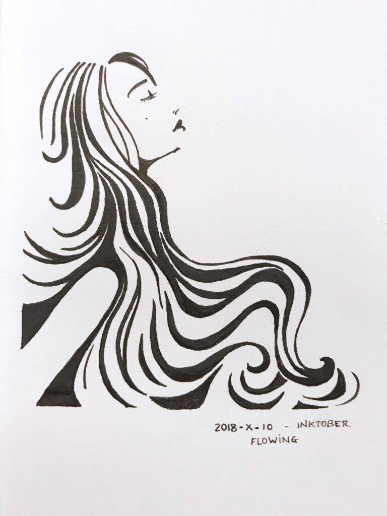 Black ink drawing of a woman seen from the side with long hair flowing.