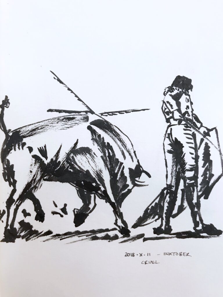 Black ink drawing with broad brush strokes of a bull and bull fighter in action