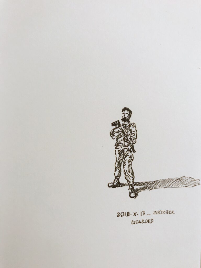 Black ink drawing of a soldier carrying an assault rifle, and of his drop shadow.