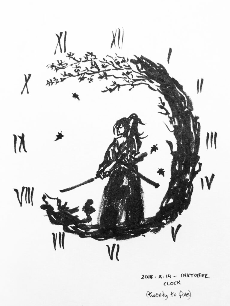Black ink brushpen drawing of a samurai standing within a black crescent with branches at the top, and surrounded by falling tree leaves. The crescent is the face of a clock. The sword and sheath mark the time: twenty to five.