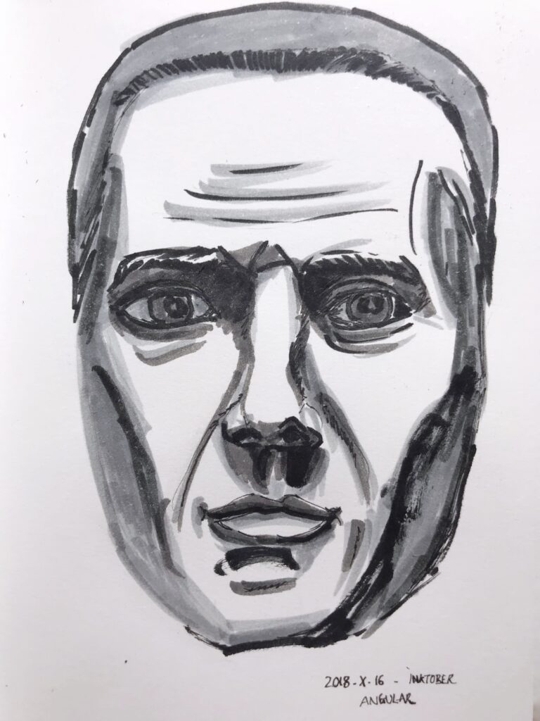 Black and grey drawing of a masculine face in neutral expression. There is no neck. Just the face.