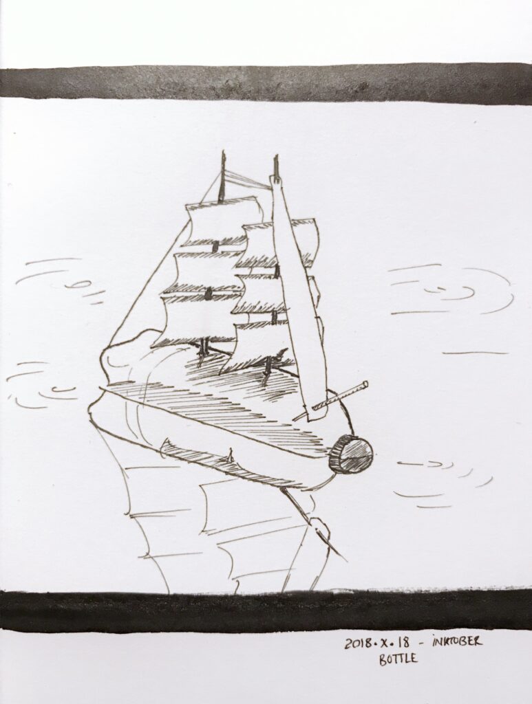 Black ink drawing of a bottle floating and mounted with masts and sails.