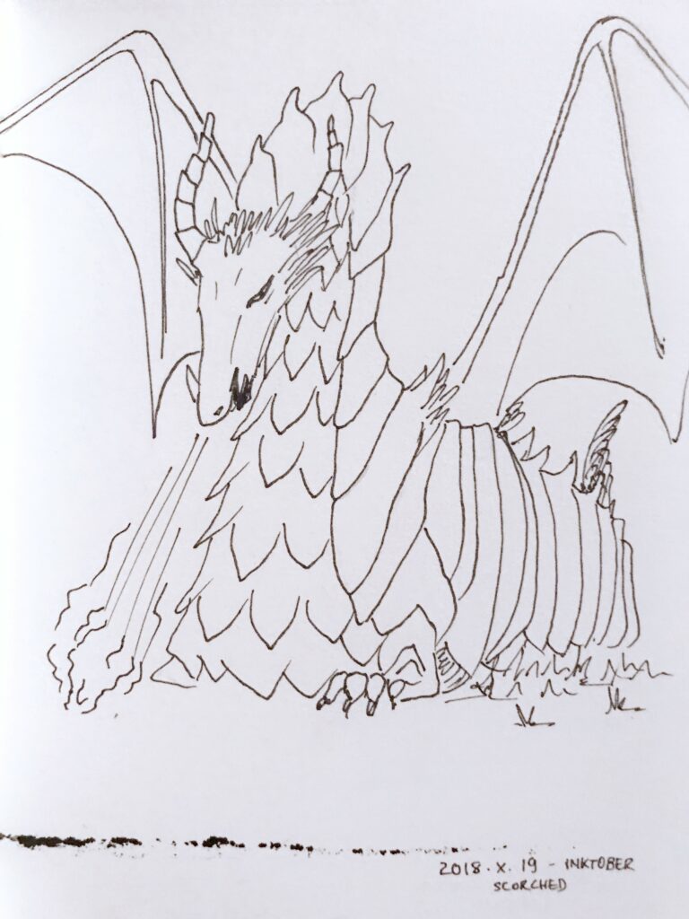 Rough black ink drawing of a dragon breathing fire