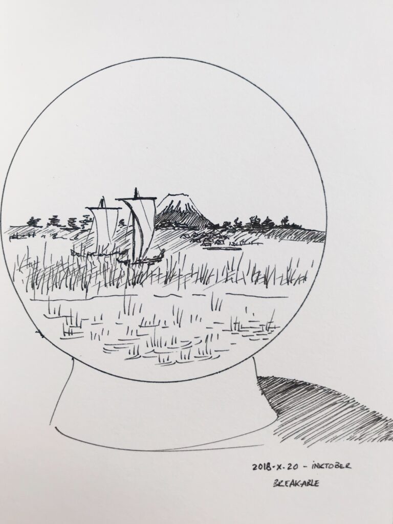 Black ink drawing of a snow globe and its shadow. Within the globe is a drawing of a Japanese landscape: two sail boats on a river, reed, village, tree line and snowy mountain in the middle.