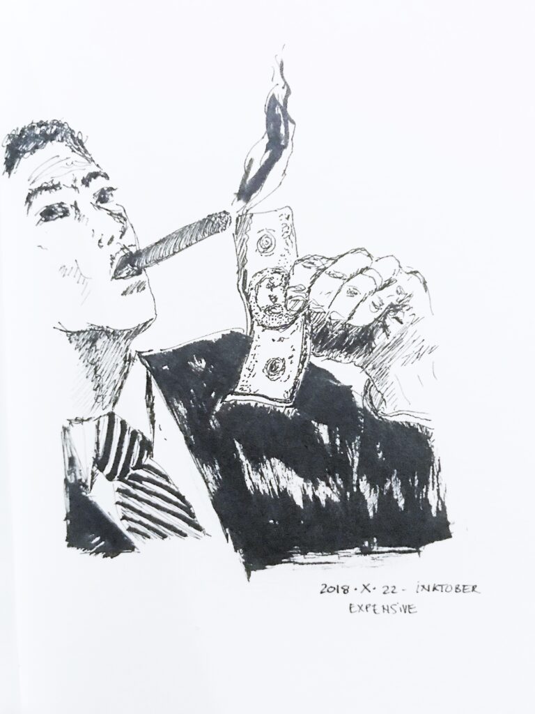 Black ink drawing of a man in suit lighting up a cigar with a burning bank note held in his hand.