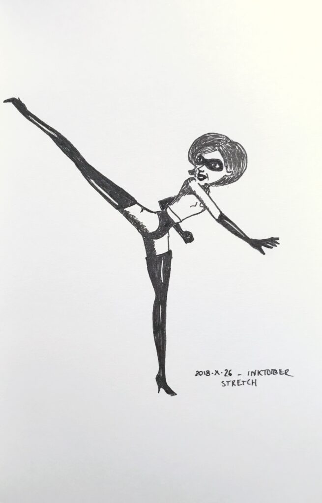 Black ink drawing of elastigirl, a long thin masked figure in a high-kick stance.