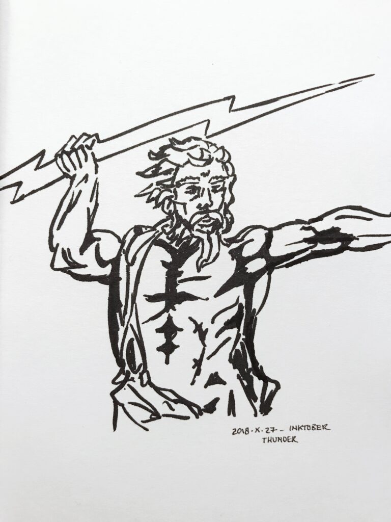Black ink drawing of a muscular Zeus ready to throw a thunder bolt like a javeline.