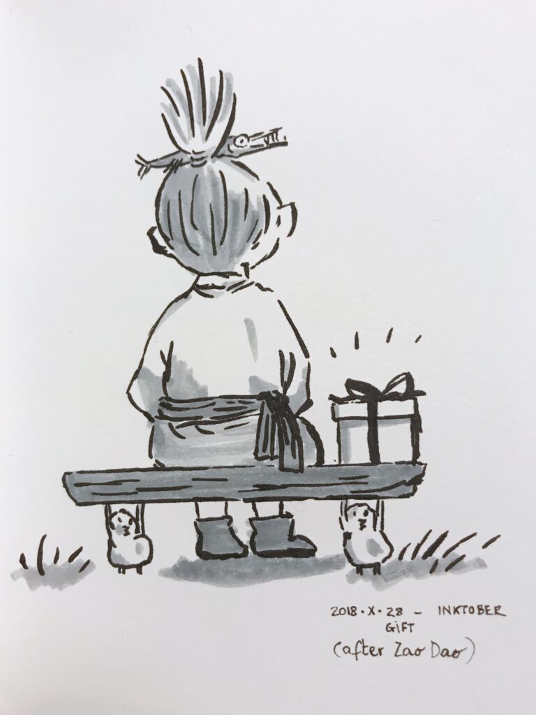 Black and grey cartoon of a little girl sitting on a bench. She's seen from behind. Next to her is a wrapped box. The bench is supported by two chicks with raised arms. The hair of the girl is pulled up in a pony tail held by a thin long fish.