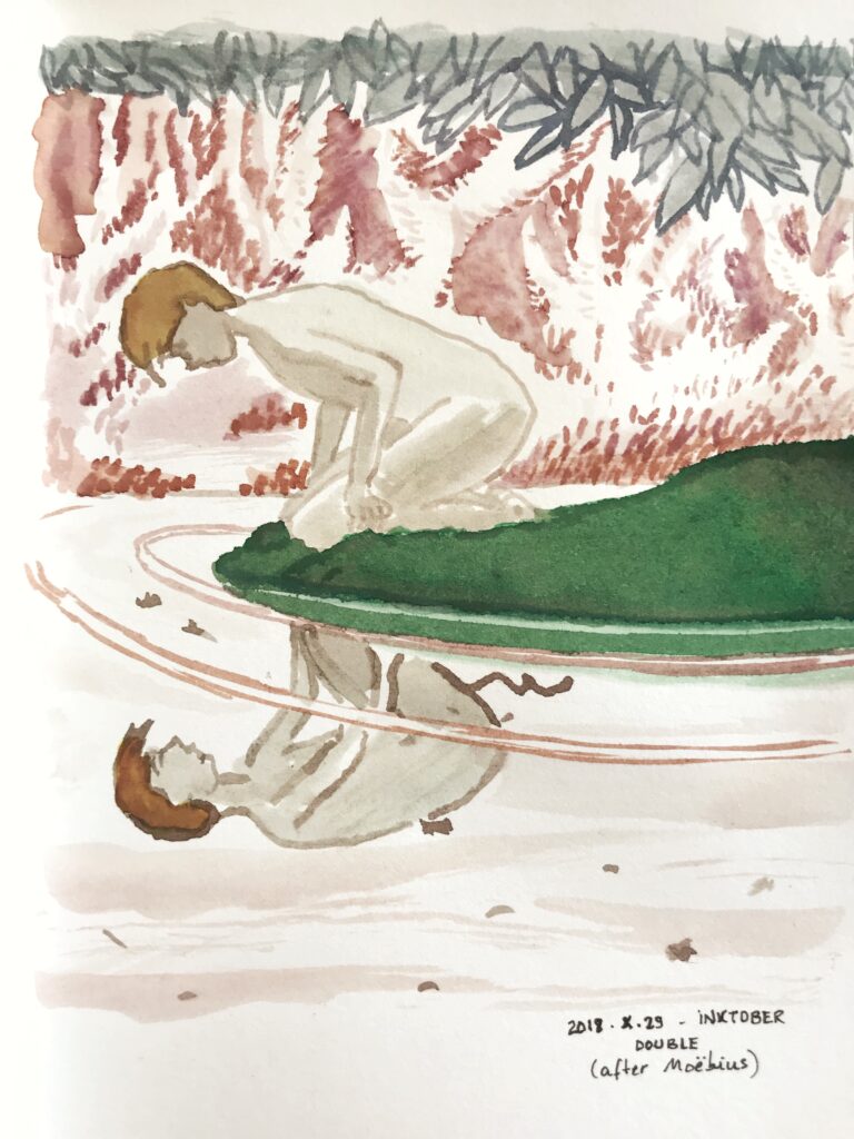 Colour drawing of a young boy kneeling over water. His reflection is broken by a large ripple.