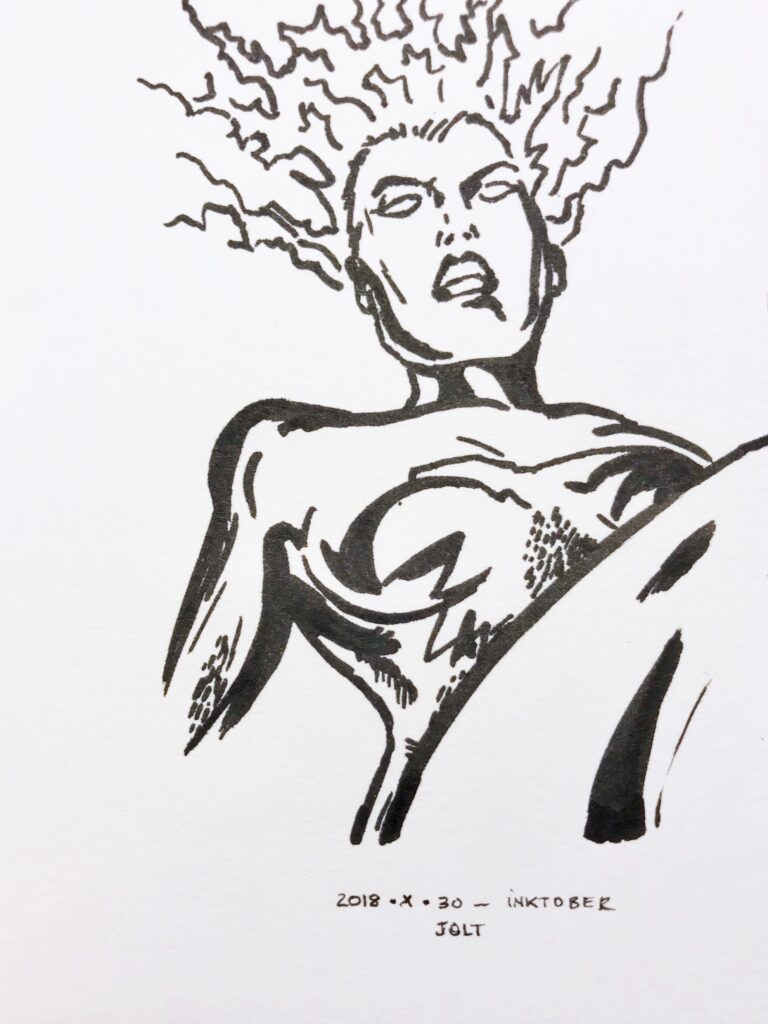 Black ink drawing of a female superhero with hair that looks like she's been electrified.