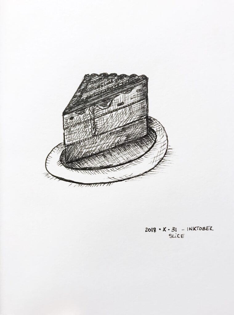 Black ink drawing of a slice of cake on a plate.