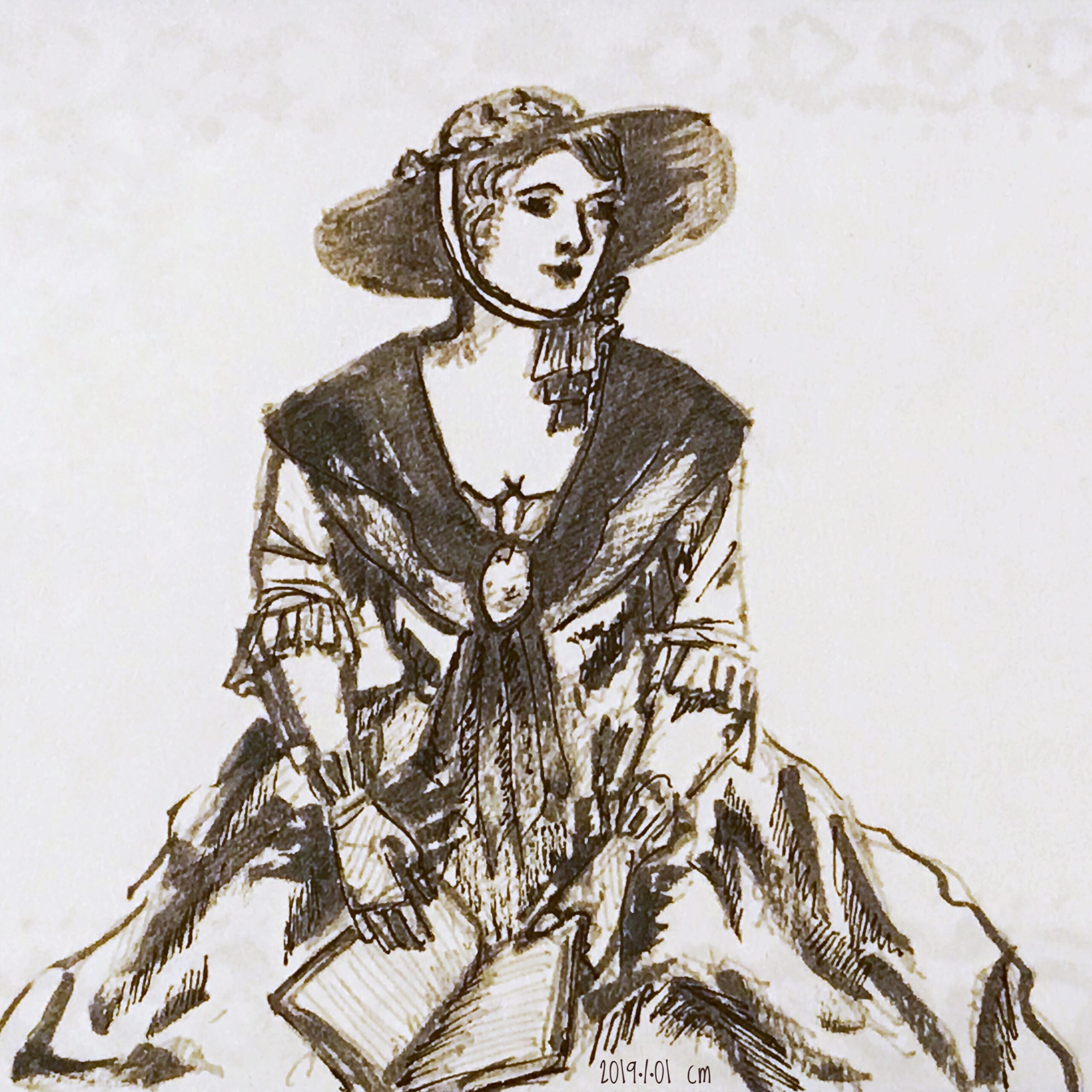 dessin à l'encre d'une femme lisant en habits du 19è siècle