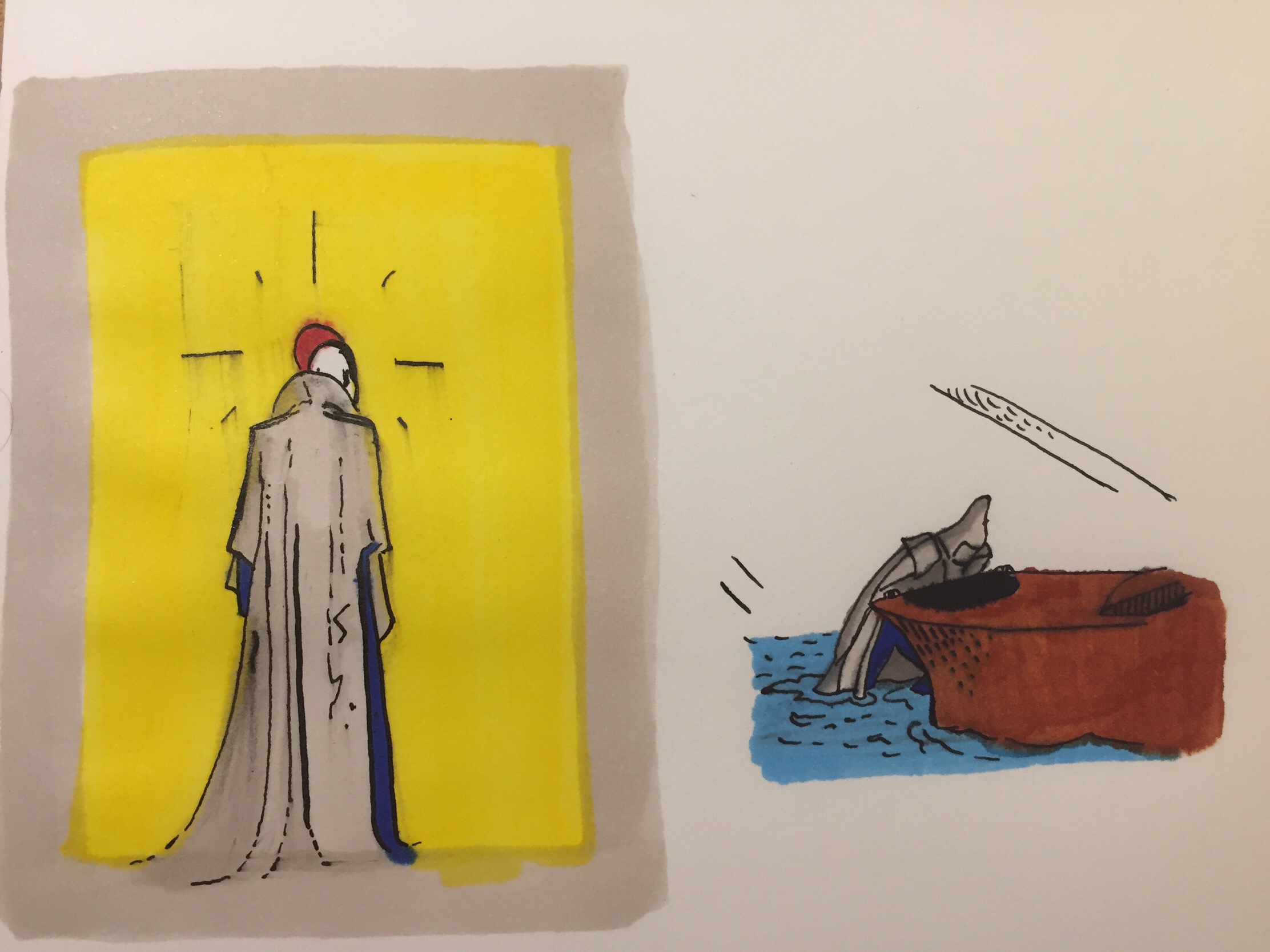 Two sketches of caped characters, one standing from behind, another in the water pushing a skiff