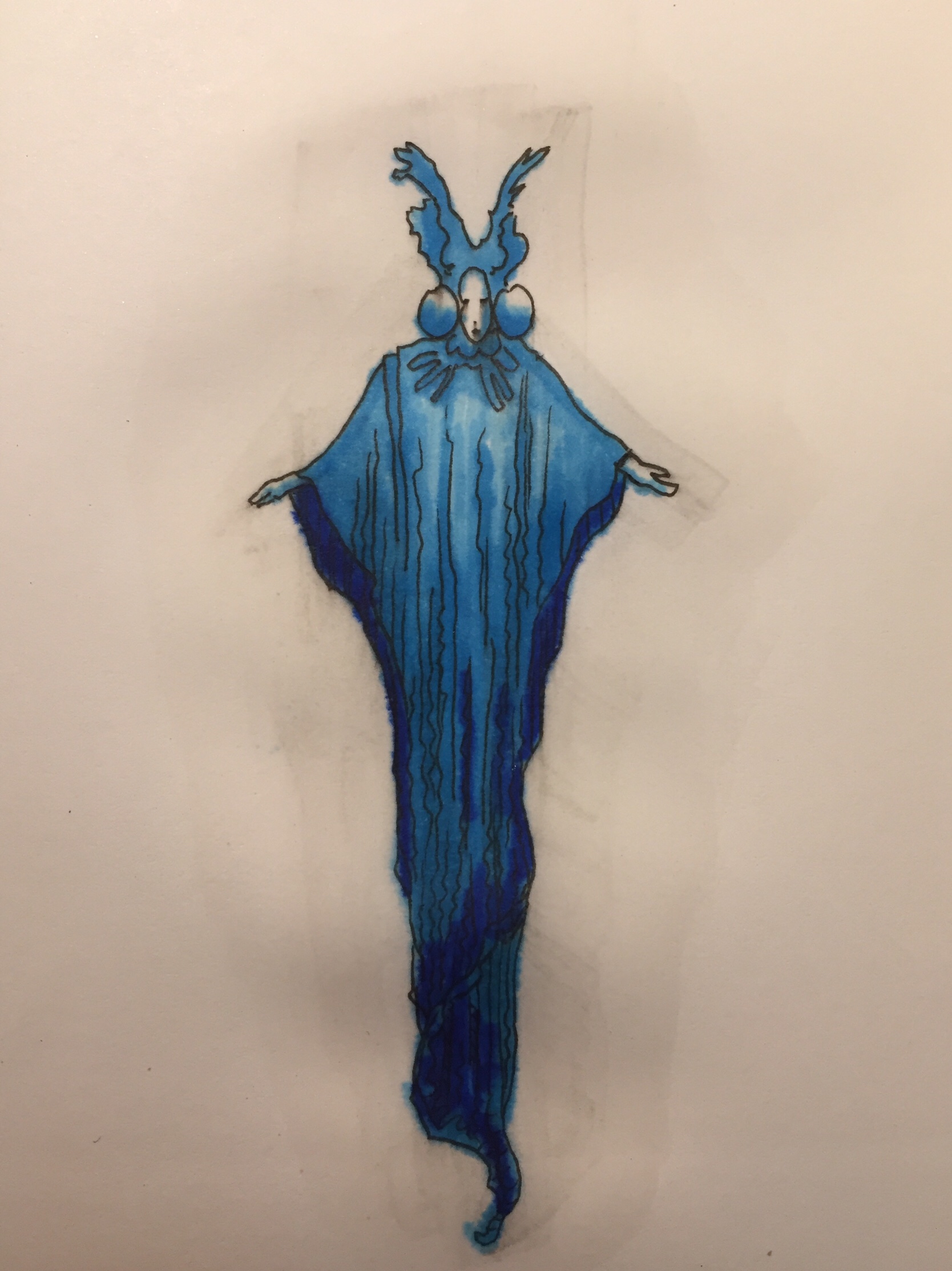 Sketch of a levitating character with spread out arms, dressed in a long billowy dark blue robe, a headdress that looks like antlers, and two large orbs at the ears.