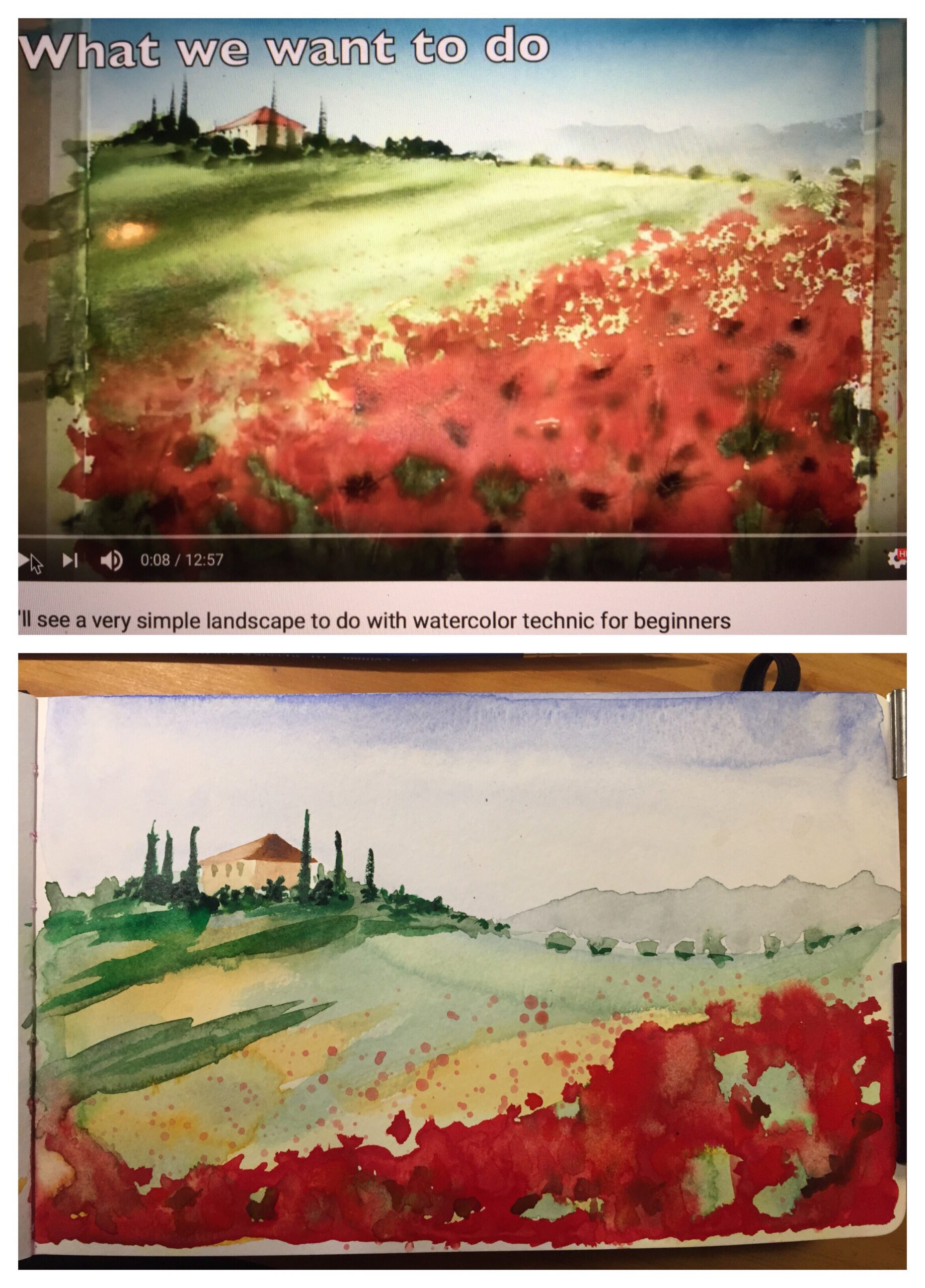 Collage of two pictures: at the top the still photo of the video I watched advertising a very simple Tuscany landscape for watercolour beginners. At the bottom my interpretation with stains and overlapping colours.