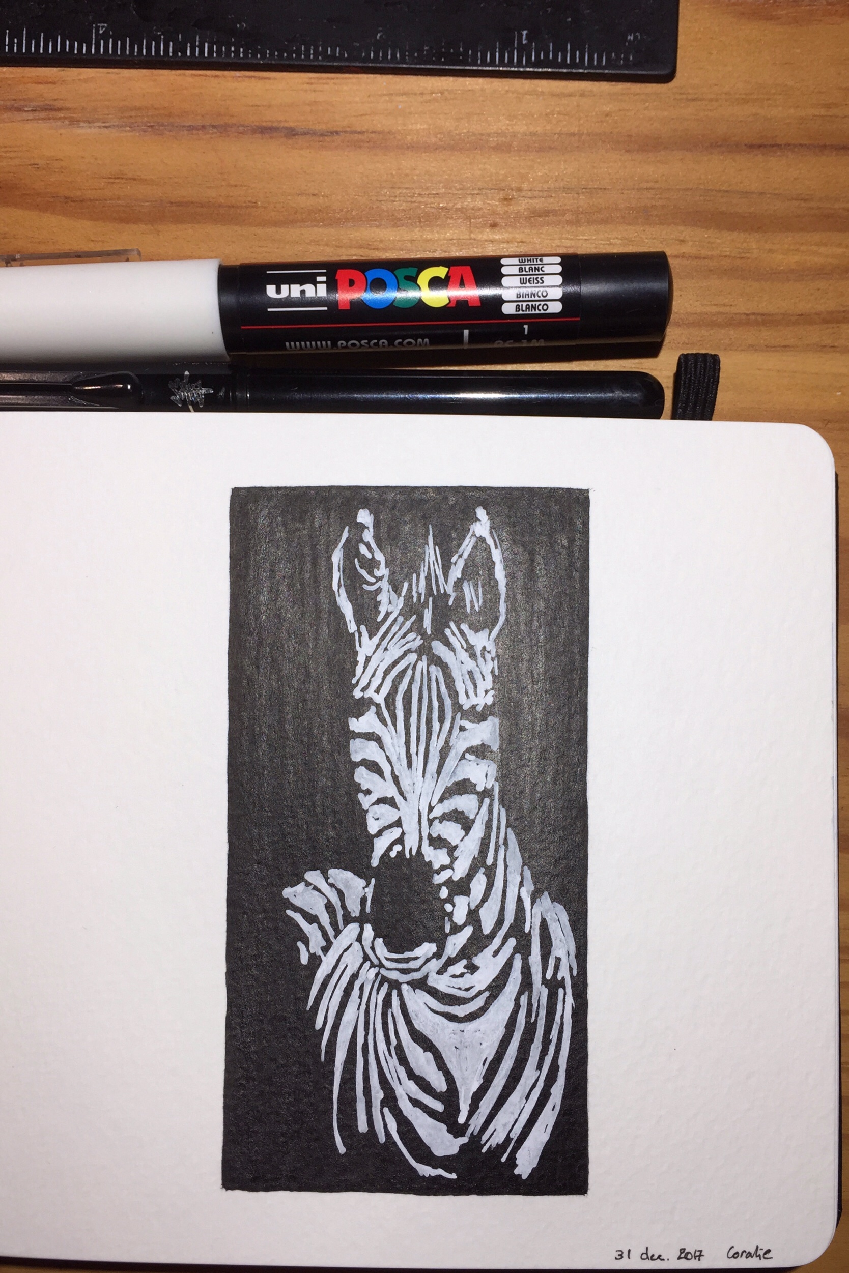 Zebra painted in white over a black rectangle