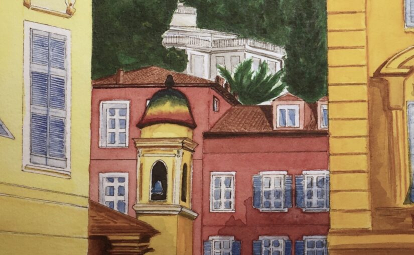 Cropped detail of the Old Nice facades and bell tower watercolour