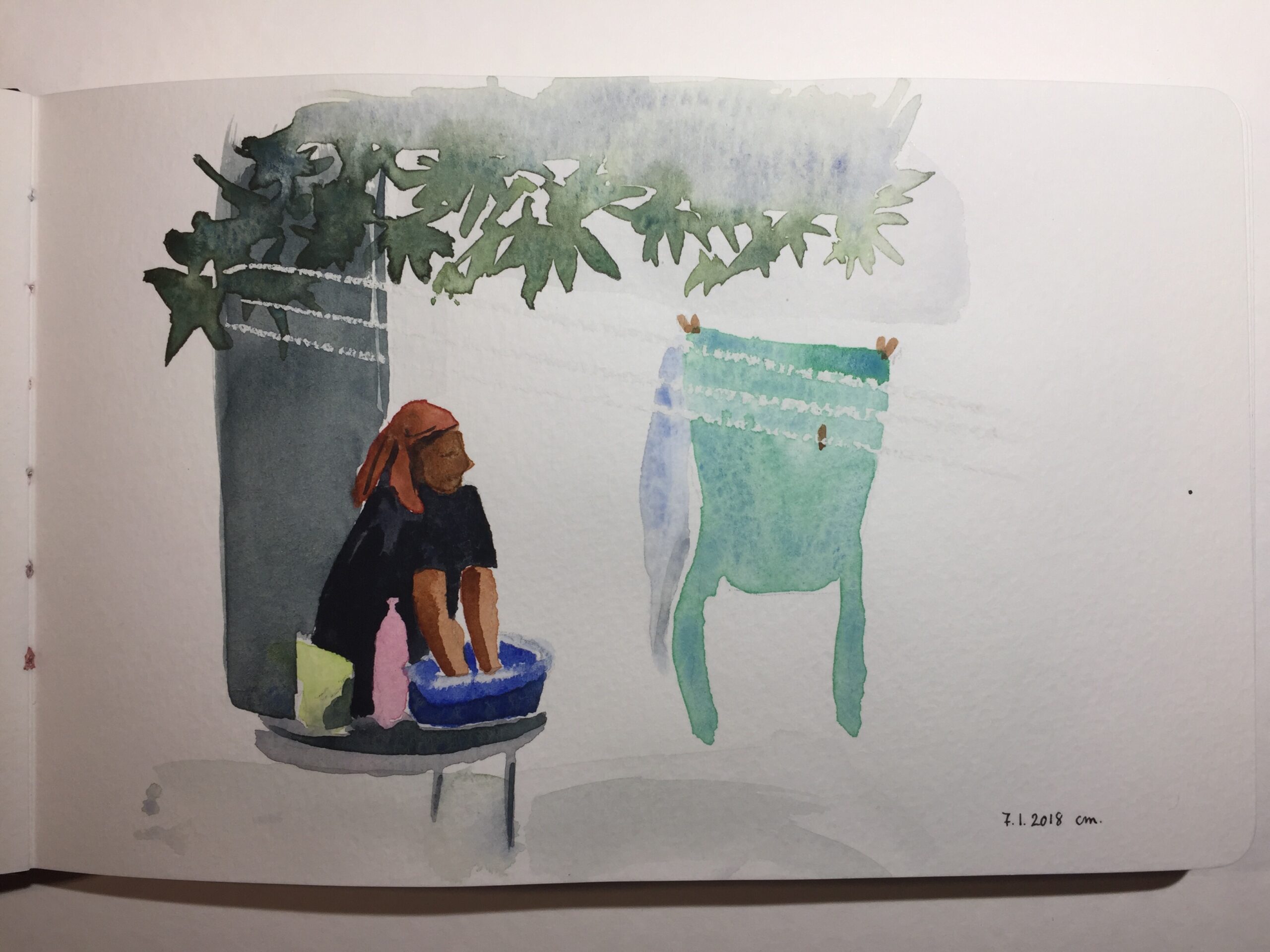loose painting of a woman doing laundry in the shade