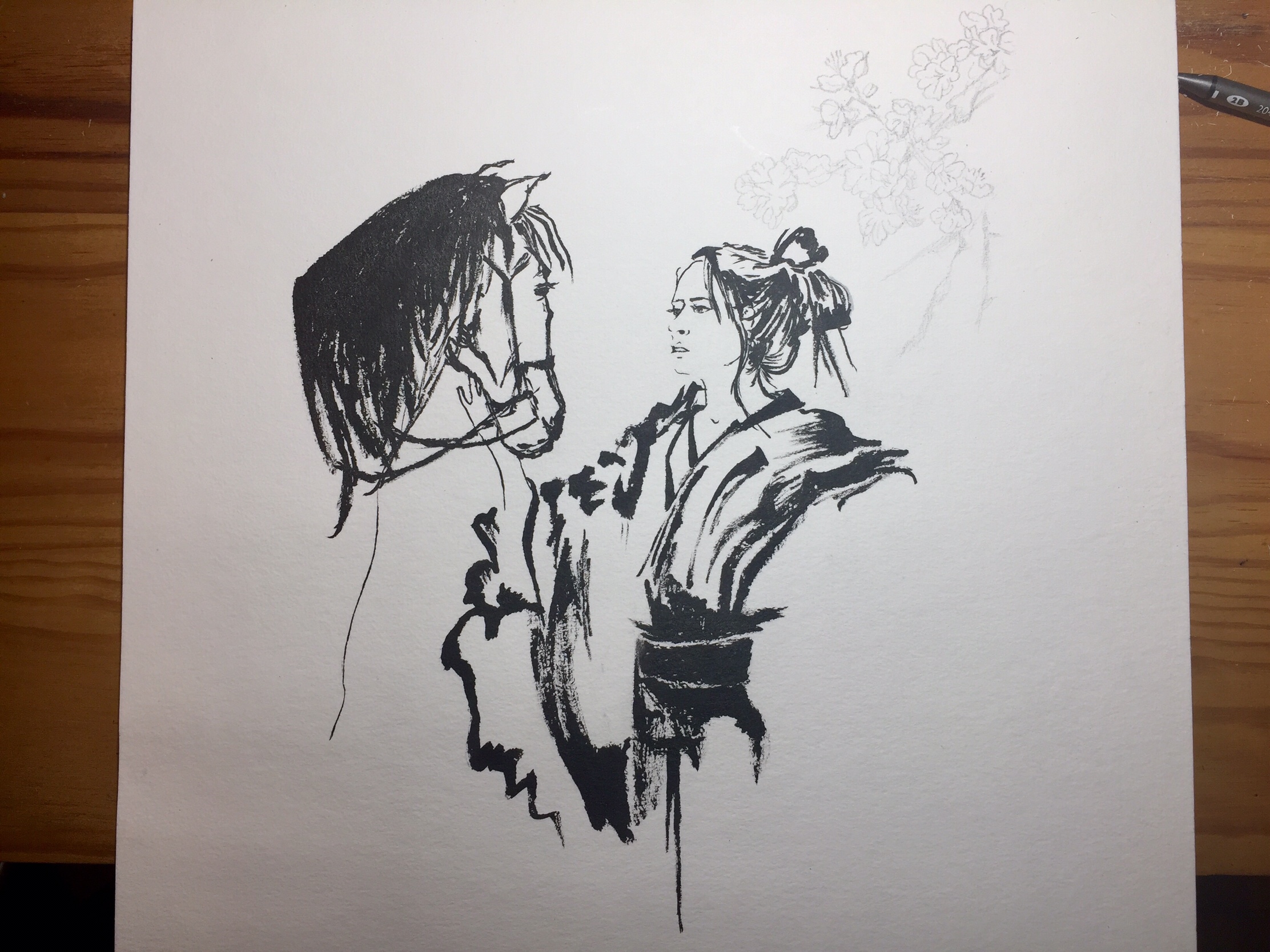 Inking in black of the horse, woman and kimono