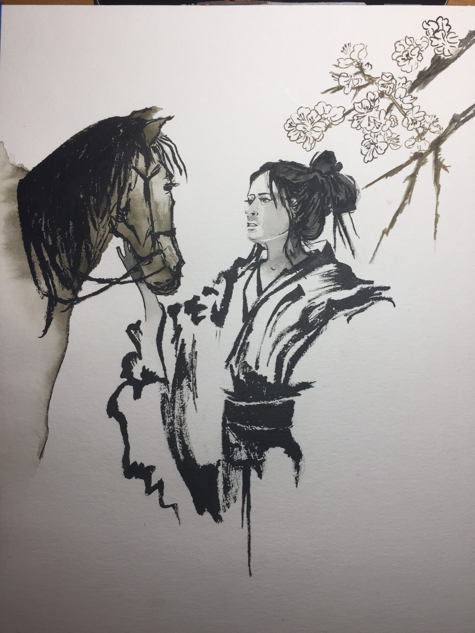 Horse and woman's face painted with a mix of sepia and black