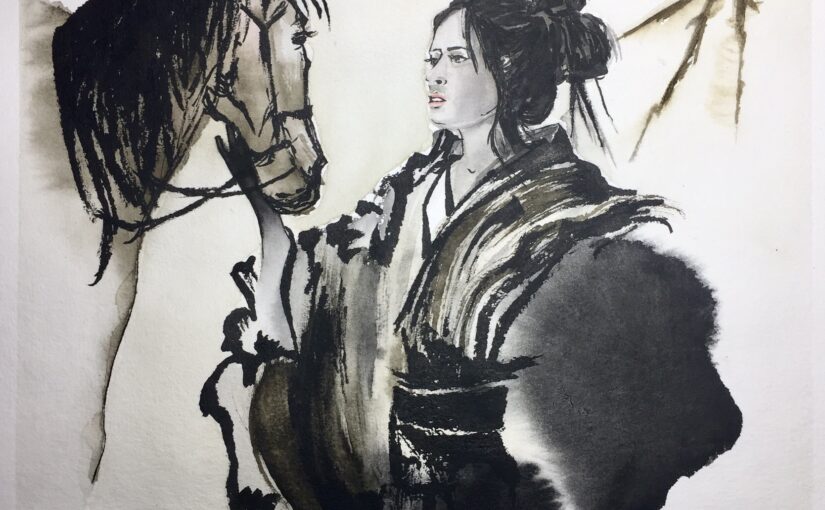 Horse and young woman in kimono under Sakura