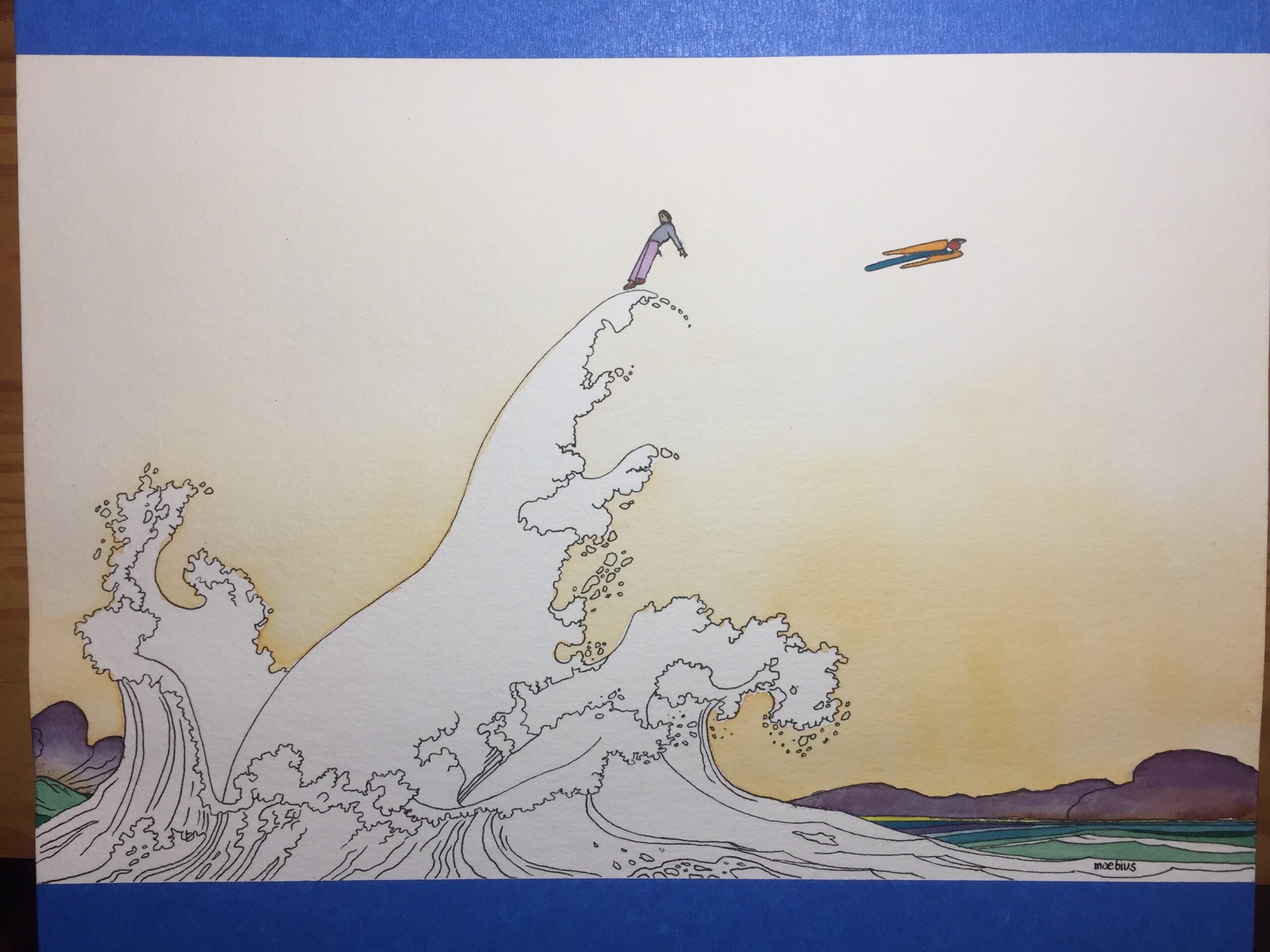 watercolour applied to the figure and the bird, the skyline, and greens and blues for the water around the wave