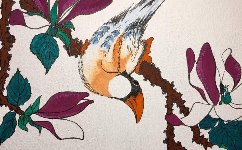 Detail of the painting showing the bird and flowers around it. With a Pentel black brushpen, I outlined everything and created details on the tail of the sparrow, the branch and leaves.